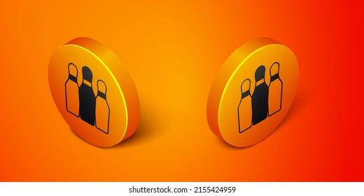 Isometric Bowling pin icon isolated on orange background. Juggling clubs, circus skittles. Orange circle button. Vector