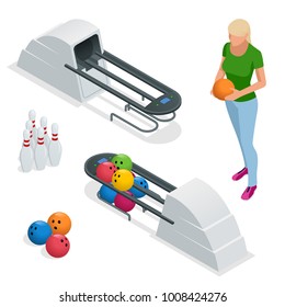 Isometric Bowling pins at bowling machine. A bowling ball return right out of a bowling alley. Vector illustration isolated on white.