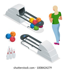 Isometric Bowling pins at bowling machine. A bowling ball return right out of a bowling alley. Vector illustration isolated on white.