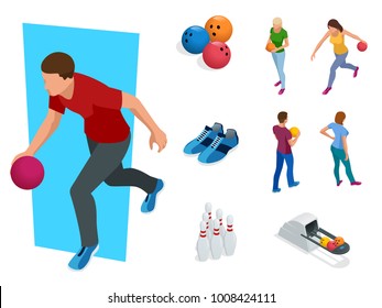 Isometric Bowling realistic icons set with game equipment, cafe tables, shelves for shoes, skittles, and balls isolated vector illustration. People, leisure, sport and entertainment