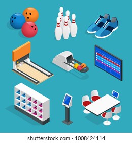 Isometric Bowling realistic icons set with game equipment, cafe tables, shelves for shoes, skittles, and balls isolated