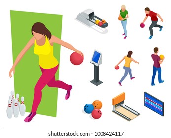 Isometric Bowling realistic icons set with game equipment, cafe tables, shelves for shoes, skittles, and balls isolated vector illustration. People, leisure, sport and entertainment