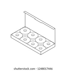 Isometric box with 8 donuts inside. Takeaway food.