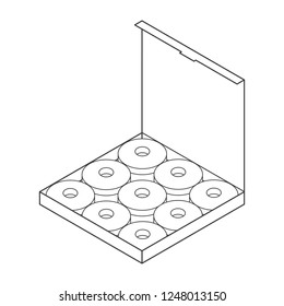 Isometric box with 9 donuts inside. Takeaway food.