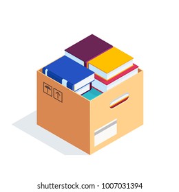 Isometric box with books isolated on white background. 3d stacks of books in a cardboard box. Pile of books packed in a container. Concept of learning. Vector illustration.