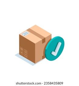 isometric box with check mark in color on white background, successful parcel delivery