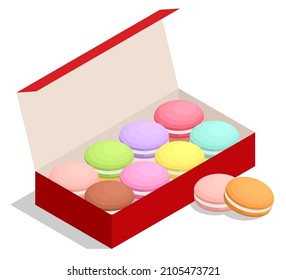 Isometric box with colourful macaroons. Dessert. French macaroon cake.