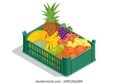 Caja isométrica con frutas maduras frescas, en la caja hay piña, uvas, manzanas, melón, plátanos y naranjas. Productos frescos naturales. Vendedores y concepto de marketing. Mercado de agricultores.