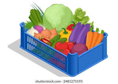 Isometric box with fresh ripe vegetables. The box contains cabbage, onions, carrots, eggplants, lettuce peppers. Natural fresh products. Sellers and marketing concept. Farmer market.