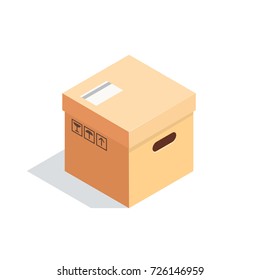 Isometric box isolated on white background. 3d closed box. Cardboard box with a label and signs. Vector illustration.