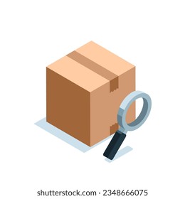 isometric box and magnifier in color on white background, package tracking or search