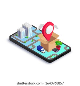 Isometric Box With Map Pointer, Van And Home Furniture On Smartphone Screen With 3D City Map. Relocation Service App, Transport Company, Moving To New House Or Office Concept. Vector Illustration