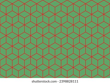 Isometric box pattern wallpaper. Background. Isometric shape. Print design. Graphic design. Vector pattern. Geometric pattern. Fabric. Decorative. Ornaments. Green and Red colour tone. Form. Christmas