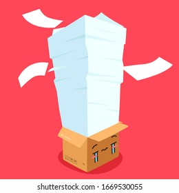 Isometrische Vektorillustration. Geschenkverpackungsgrafik. Flachkarton. Lieferung und Verpackung. Transport, Versand. Kawaii-Zeichen für Ihre Firmendokumente. Pile der Dokumente