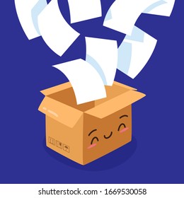 Isometric box vector. Gift container packaging illustration. Flat carton box. Delivery and packaging. Transportation, shipping. Kawaii character for your company documents. Pile of documents. Working.