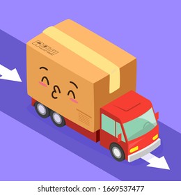 Isometric box vector. Gift container packaging illustration. Flat carton box. Delivery and packaging. Transportation, shipping. A truck that carries goods. A package with smile face to someone love. 