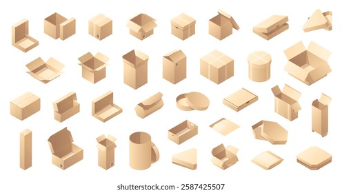 Isometric boxes collection of various size and form. Vector isolated set of realistic cardboard packages with duct tape. Side and top view on empty parcels for delivery and transportation