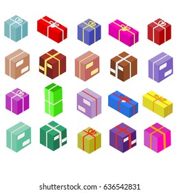 Isometric boxes isolated on white. Vector icons. Package and gift colorful postal boxes set. Shipping theme