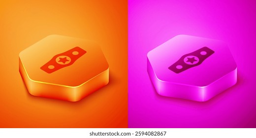 Isometric Boxing belt icon isolated on orange and pink background. Belt boxing sport championship winner fight award. Hexagon button. Vector