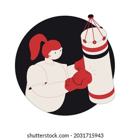 Isometric boxing composition with sad woman hitting punching bag 3d vector illustration