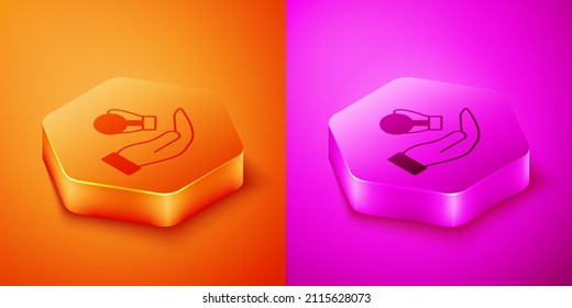 Isometric Boxing glove icon isolated on orange and pink background. Hexagon button. Vector
