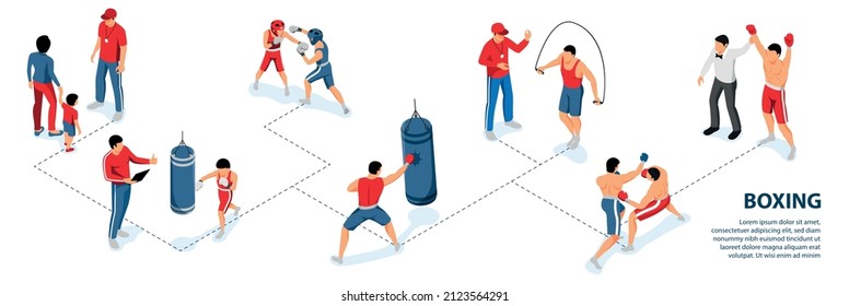 Isometric boxing infographics with isolated images of practicing children fighting adults with coach and editable text vector illustration