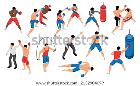 Isometric boxing set of isolated icons with characters of fighting athletes with referree and gymnastic apparatus vector illustration