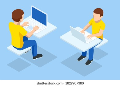 Isometric boy at the computer front and back view isolated on white. Boy is studying of the laptop. E-learning, study at home online.
