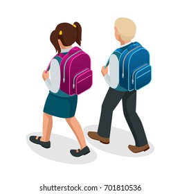 Isometric boy and girl back-to-school illustration Children go to school with their back packs and in school uniforms Education Happy to study Vector illustration used for workflow layout, banner game