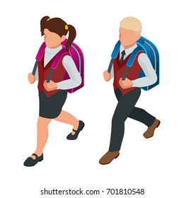 Isometric boy and girl back-to-school illustration Children go to school with their back packs and in school uniforms Education Happy to study Vector illustration used for workflow layout, banner game