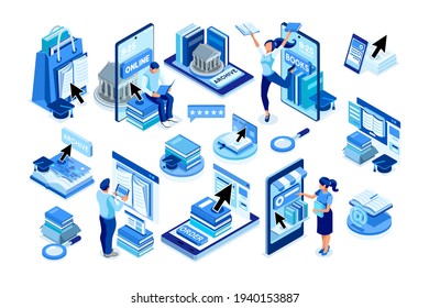 Isometric boy and girl characters studying at home with laptop and book. Students with books working on a class and learning for diploma  education and looking for the network to study online working