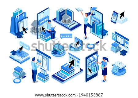 Isometric boy and girl characters studying at home with laptop and book. Students with books working on a class and learning for diploma  education and looking for the network to study online working