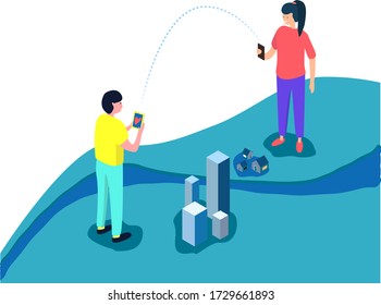 
Isometric boy and girl communicate while maintaining social distance. Love. Virtual relationship vector illustration concept , can use for, landing page, template, ui, web, mobile app, poster, banner