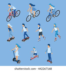 Isometric Boy, girl and kid riding bicycle, skateboard, scooter and rollers skates