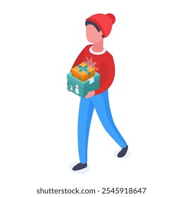 Isometric boy with xmas gifts. Kid with Christmas gift boxes, child carrying present boxes 3d vector illustration. Christmas holiday character
