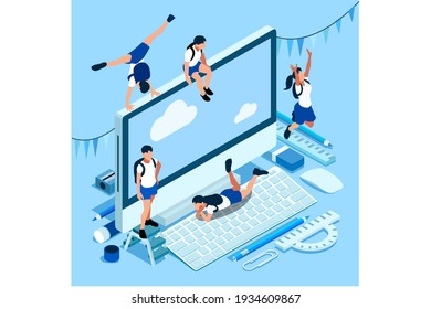 Isometric boys and girls studying at home with laptop and book on the desk. Students with books working on a class and learning for diploma or education and looking for a network to study online.