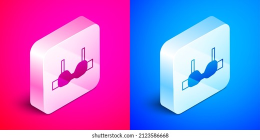 Isometric Bra icon isolated on pink and blue background. Lingerie symbol. Silver square button. Vector