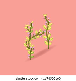 Letra isométrica de la letra H. Fuente femenina de primavera para la tarjeta de invitación. Gentil 
Conjunto floral 3D Easter. Ilustración del vector