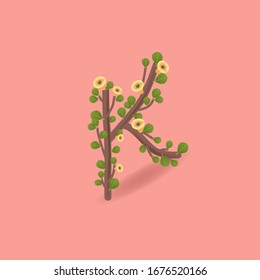 Letra isométrica de abadejo K. Fuente femenina de primavera para la tarjeta de invitación. Gentil 
Conjunto floral 3D Easter. Ilustración del vector