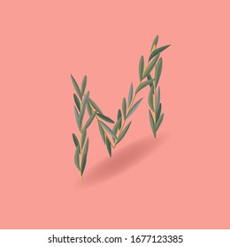 Isometric brach letter N. Spring female font for invitation card. Gentle 
3D Easter floral set. Vector illustration