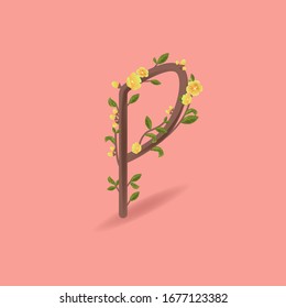 Isometric brach letter P. Spring female font for invitation card. Gentle 
3D Easter floral set. Vector illustration