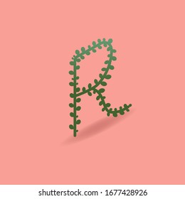 Isometric brach letter R. Spring female font for invitation card. Gentle 
3D Easter floral set. Vector illustration