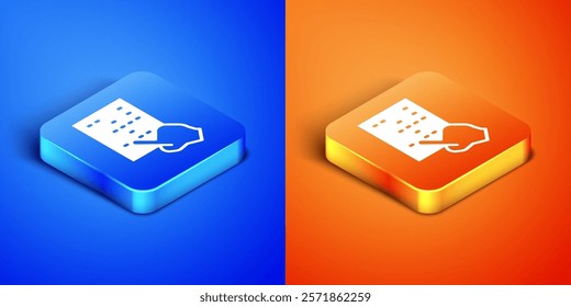 Isometric Braille icon isolated on blue and orange background. Finger drives on points. Writing signs system for blind or visually impaired people. Square button. Vector