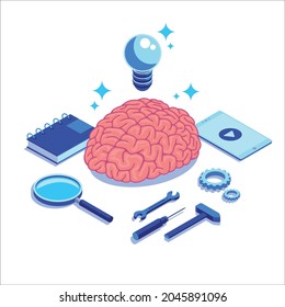 isometric brain analytics vector illustration. brain idea icon flat design isolated. landing page illustration brain study. creative thinking