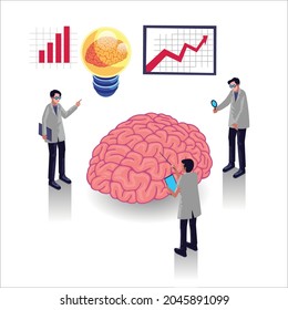 isometric brain analytics vector illustration. brain idea icon flat design isolated. landing page illustration brain study. creative thinking