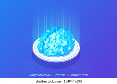 Isometric Brain as Artificial Intelligence AI working with Big Data Flat vector illustration concept.