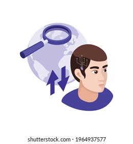 Isometric brain impant nanotechnology icon with globe magnifying glass and human head with chip vector illustration