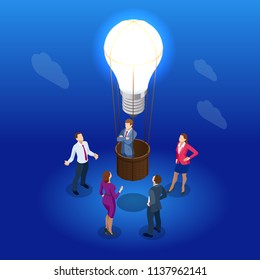 Isometric Brainstorming and Business Meeting concept. Idea and business for teamwork. People, team, light bulb. Vector illustration