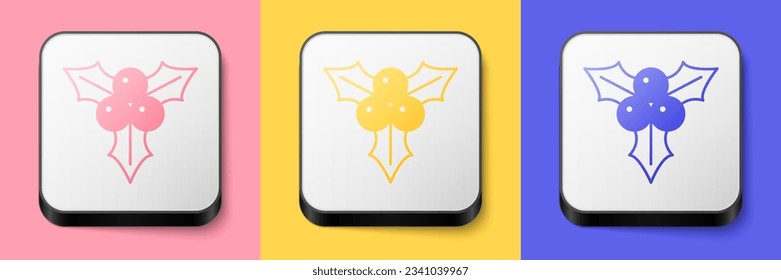 Isometric Branch viburnum or guelder rose icon isolated on pink, yellow and blue background. Merry Christmas and Happy New Year. Square button. Vector