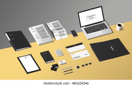 Isometric branding office mock up. Vector Illustration for different  projects. 